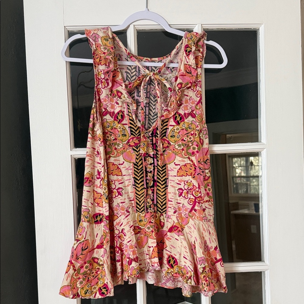 Free People Floral Ruffle Hem Sleeveless Tunic - Pink Multi - Picture 6 of 9